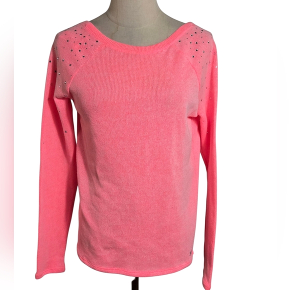 PINK Victoria's Secret Neon Coral Long Sleeve Sweater with Rhinestone Shoulders - Picture 1 of 8